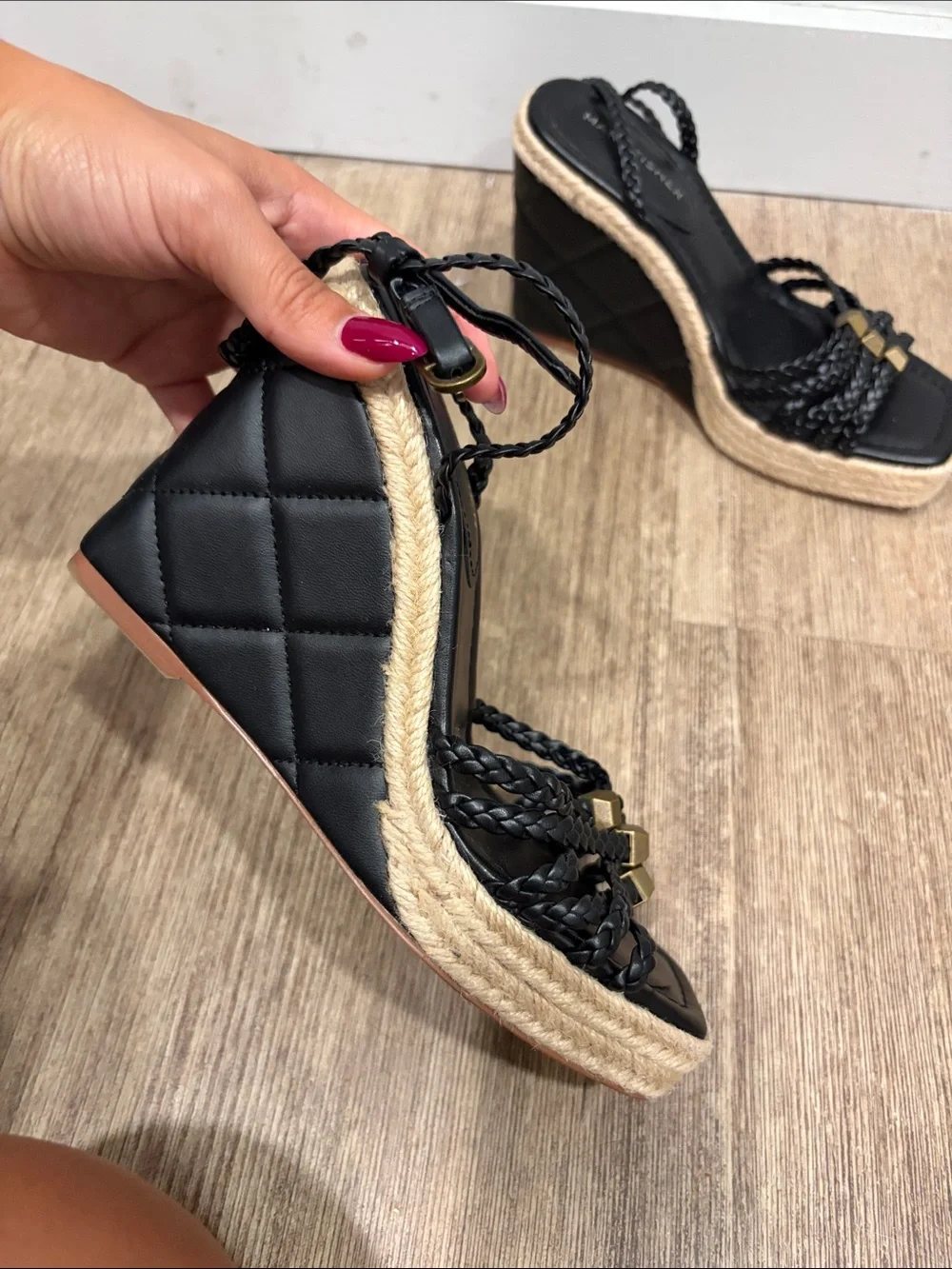 Marc Fisher Black Braided Espadrille Wedge Sandals with Gold Accents